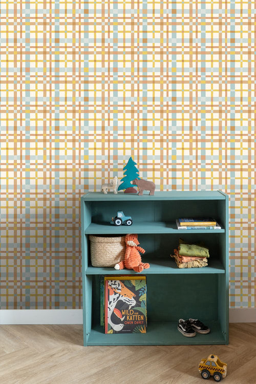 ESTAhome behang ruitjes blauw, geel en bruin - 50 x 900 cm - 132048