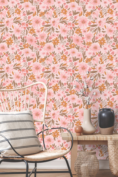 ESTAhome behang bloemen roze, oranje en vergrijsd groen - 50 x 900 cm - 130925 - vtwonen shop