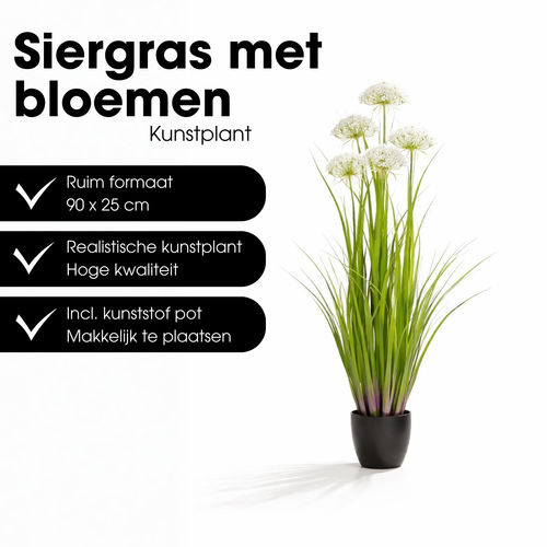 Mica Decorations Engelwortel – Kunstgras in Pot – Realistische Nepplant Woondecoratie – Kunstplanten voor Binnen en Buiten – H90 x Ø25 cm – Groen, Wit