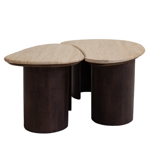 Giga Meubel Salontafel Suki Organisch - Travertin/Hout - Donkerbruin - Set van 2 - vtwonen shop