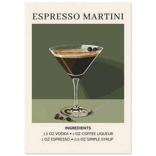 Artfulprints Poster Espresso Martini cocktail - Ingrediënten   - A4 21x29.7 cm - Donkergroen