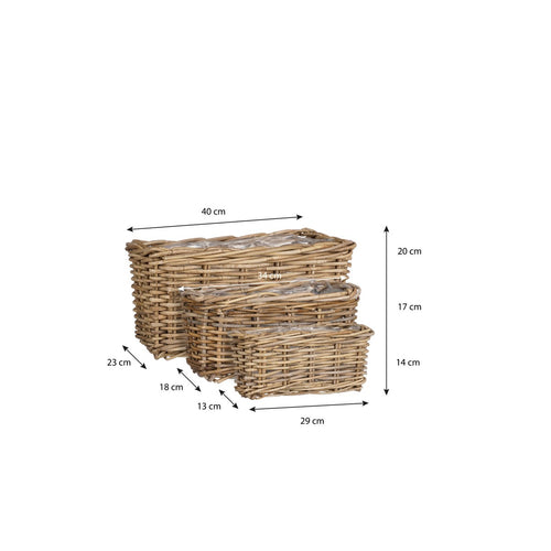 Mica Decorations Marcia Plantenmand voor Buiten - Set van 3 - L40 x B23 x H20 cm - Rotan - Grijs