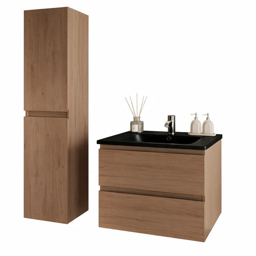 LOMAZOO badmeubelset Verona - met kolomkast & zwarte wastafel - warm eiken - 60 cm