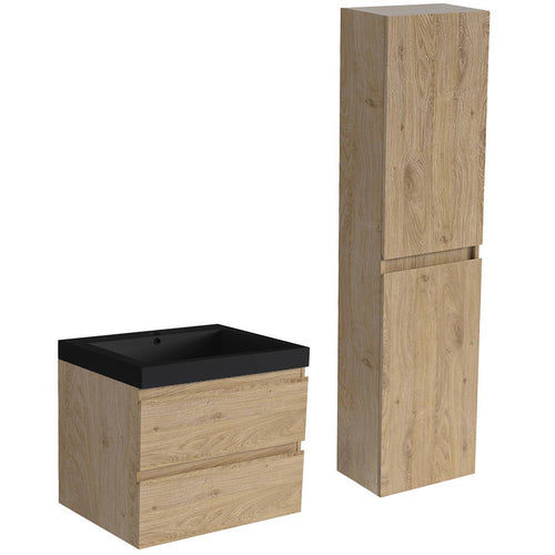 LOMAZOO badmeubelset Avalon - met hoge kast & zwarte wastafel - licht eiken - 60 cm