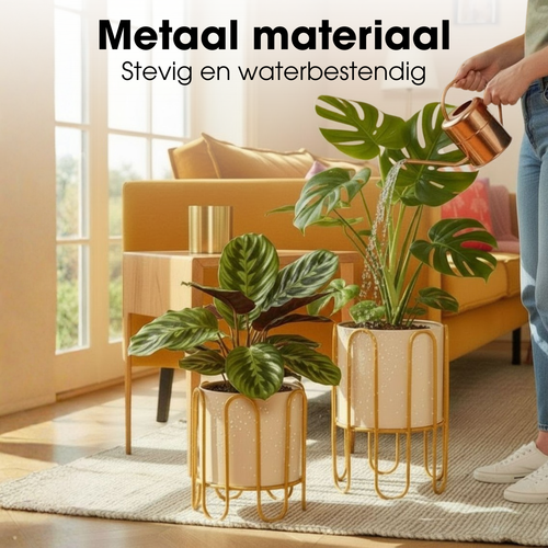Mica Decorations Dione Bloempot op Standaard – Set van 2 – Plantenpot voor Bloemen en Kamerplanten – Bloempotten voor Binnen – IJzer – Bruin