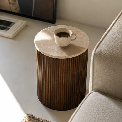 Giga Meubel Bijzettafel Davi Rond - Marmer/Hout - Donkerbruin - 45x45x55cm