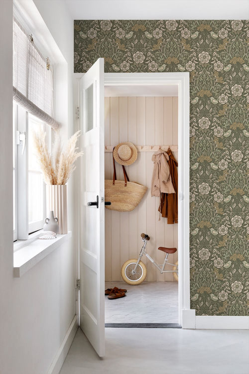 ESTAhome behang bloemen en vogels donkergroen - 53 cm x 10.05 m - 139831