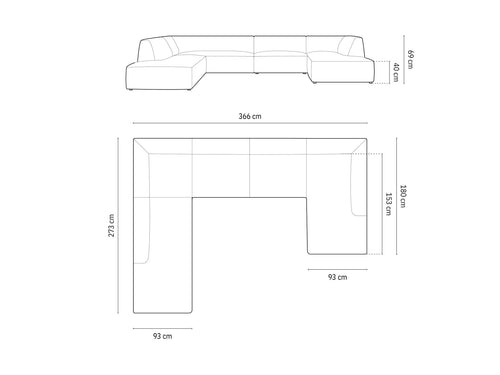 Micadoni Panoramische hoekbank links Ruby 7-zits, ribfluwelen, donkergrijs - 273x366x69cm
