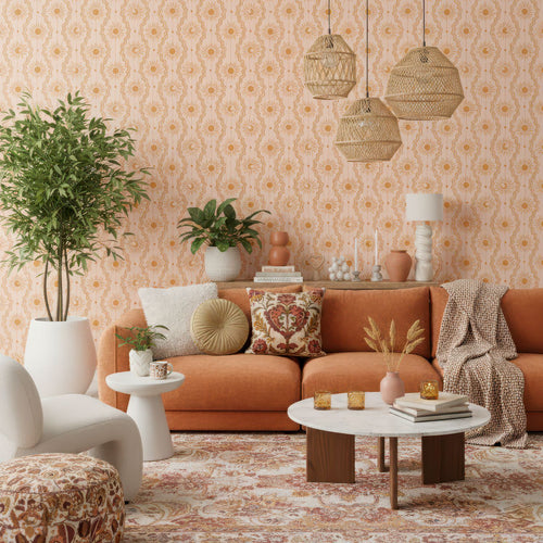 ESTAhome behang retro ornamenten roze, oranje en geel - 50 x 900 cm - 131715