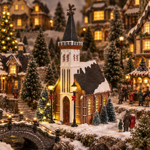 Luville Kerstdorp Miniatuur Kerk - Kerstversiering met Warme Verlichting en Besneeuwde Bomen - Kerst Decoratie voor Binnen op Batterijen - L15 x B16,5