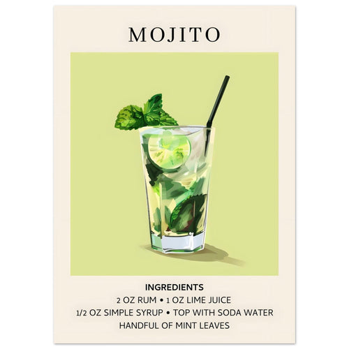 Artfulprints  Mojito cocktail - Ingrediënten   poster 50x70 cm