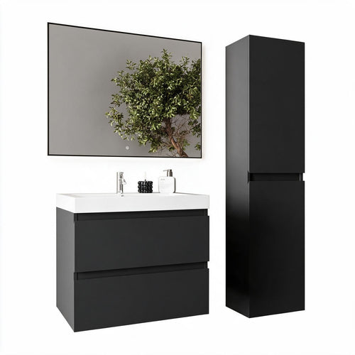 LOMAZOO badmeubelset Avalon - met hoge kast & witte wastafel - mat zwart - 60 cm