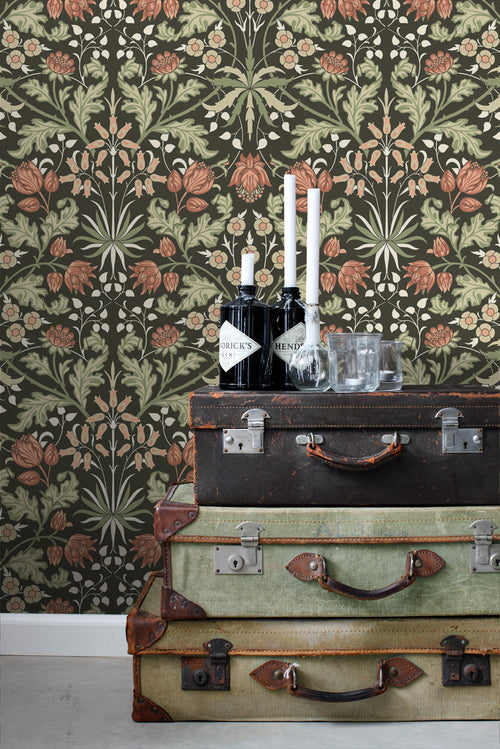 ESTAhome behang vintage bloemen in art nouveau stijl donkergroen en terracotta - 50 x 900 cm - 131183 - vtwonen shop