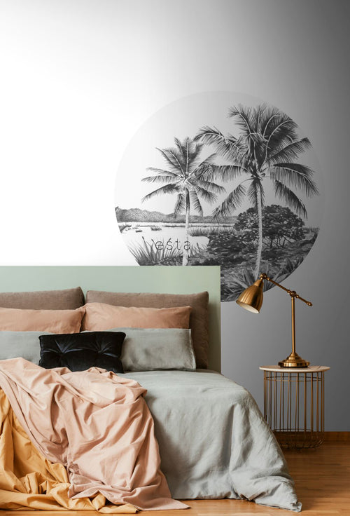 ESTAhome zelfklevende behangcirkel tropisch landschap met palmbomen zwart wit - Ø 140 cm - 159005 - vtwonen shop