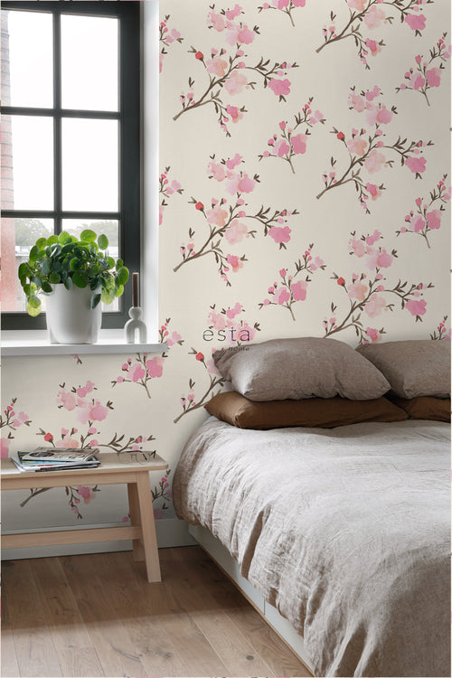 ESTAhome eco-texture vliesbehang kersenbloesems beige en roze - 0,53 x 10,05 m - 148716 - vtwonen shop