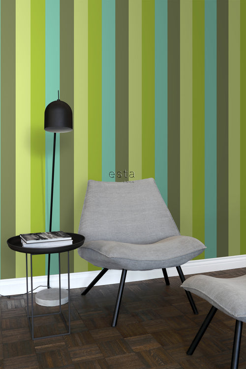 ESTAhome behang strepen turquoise en limegroen - 53 cm x 10.05 m - 116524