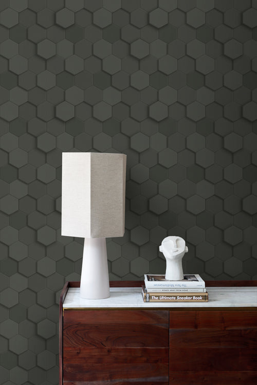Origin Wallcoverings behang 3d hexagon motief zwart - 53 cm x 10.05 m - 347854 - vtwonen shop