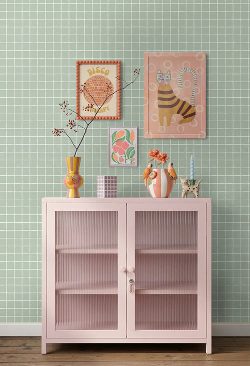ESTAhome behang geblokt motief saliegroen - 50 x 900 cm - 131928