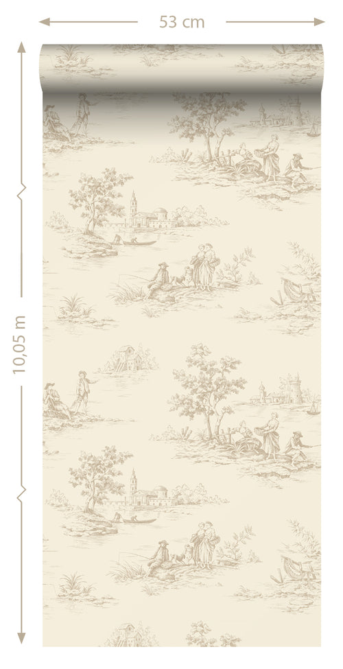 ESTAhome behang toile de jouy print lichtbeige - 50 x 900 cm - 139811 - vtwonen shop