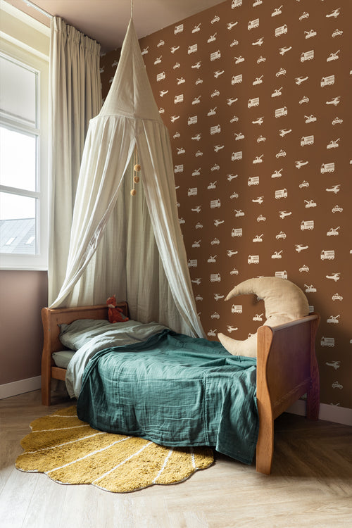 ESTAhome behang auto's, brandweerauto's, helikopters en kranen bruin - 50 x 900 cm - 131453 - vtwonen shop