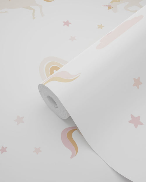 ESTAhome behang unicorns wit, zacht roze en okergeel - 53 cm x 10.05 m - 139581