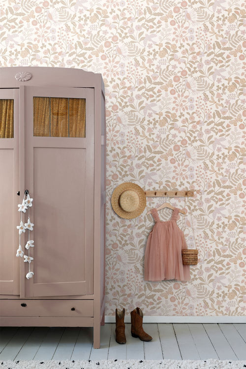 ESTAhome behang bloemen en vogels wit, beige en zacht roze - 53 cm x 10.05 m - 139866