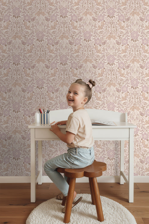 ESTAhome behang bloemen en vogels zand beige en lila paars - 53 cm x 10.05 m - 139829
