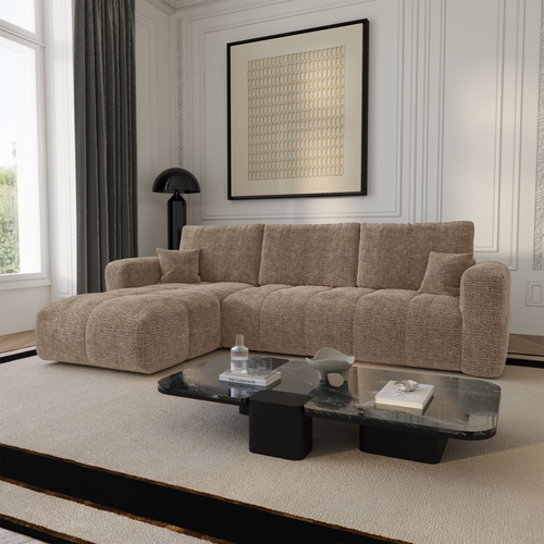 Premium Interiors - Linkshoekbank met slaapfunctie en opbergruimte VIBE - zacht aanvoelende geweven stof bruin 286cm