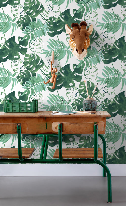 ESTAhome behang geschilderde tropische jungle bladeren smaragdgroen - 53 cm x 10.05 m - 138886