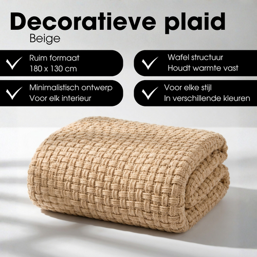 Mica Decorations Cosenza Fleece Deken - Bank Plaid en Bank Kleed - Warme Deken voor op de Bank - 180 x 130 cm - Beige