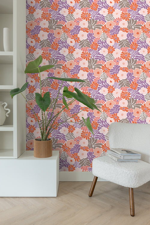 ESTAhome behang bloemen in Matisse stijl paars en oranje - 50 x 900 cm - 131007 - vtwonen shop