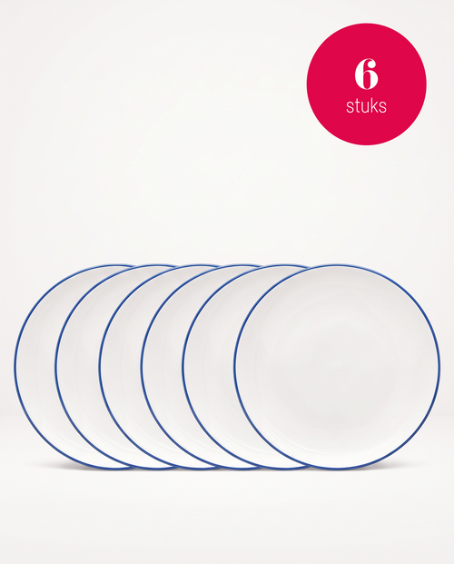 vtwonen - Lunchbord - Wit/Blauw Lijn - Porselein - 23cm - Set van 6