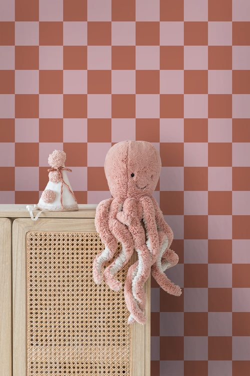 ESTAhome behang geblokt motief terracotta en oudroze - 50 x 900 cm - 131419 - vtwonen shop