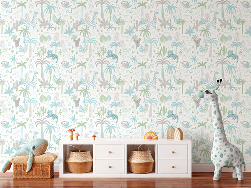 Sanders & Sanders behang jungle dieren groen, blauw en grijs - 53 cm x 10 m - 640449