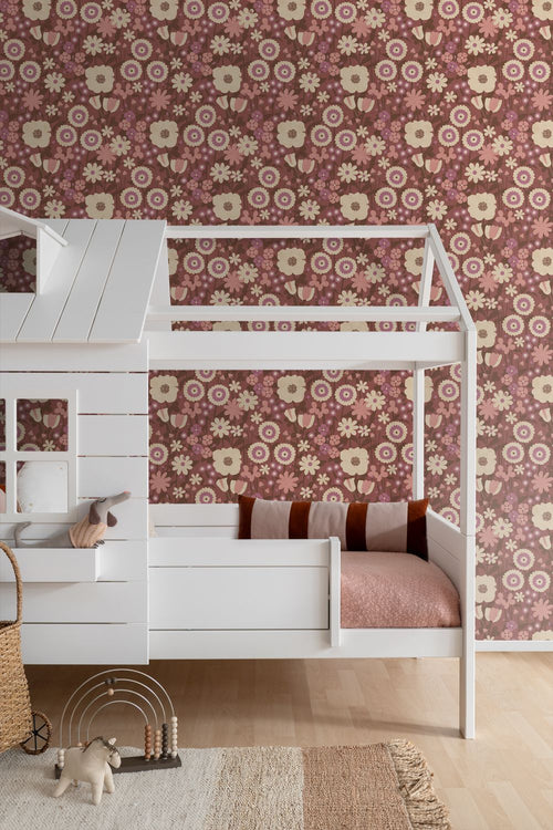 ESTAhome behang retro bloemen aubergine paars en roze - 50 x 900 cm - 132162