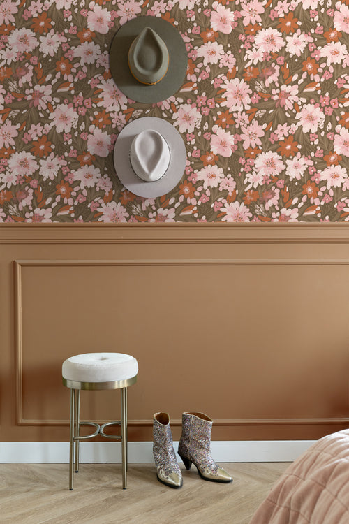 ESTAhome behang bloemen licht roze, terracotta en vergrijsd groen - 50 x 900 cm - 130926 - vtwonen shop