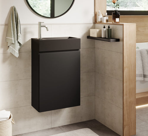 Badplaats Toiletmeubel Angela 40 x 22 cm – Mat Zwart – Fonteinmeubel met Zwarte Wastafel