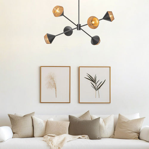 Mehrarmige Pendel-Deckenleuchte Modern Mattschwarz, Natur 6x E14