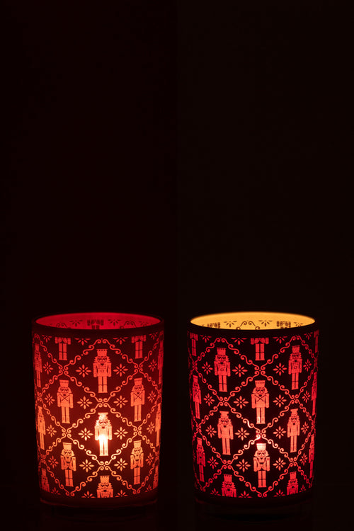 J-Line windlicht Notenkraker - glas - wit/rood - large - 2 stuks