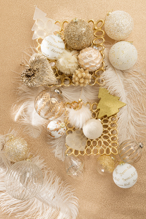 J-Line kerstbal Xmas - glas - wit/goud - doos van 4 stuks