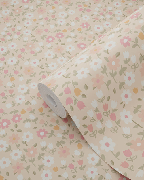 ESTAhome behang bloemetjes roze, groen en wit - 50 x 900 cm - 139469