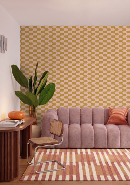 ESTAhome behang golvende lijnen okergeel en roze - 50 x 900 cm - 132145