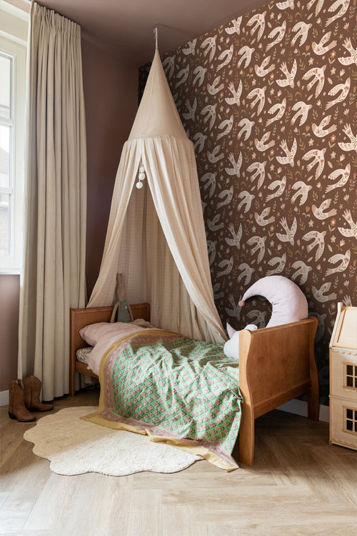ESTAhome behang bloemen en vogels bruin - 50 x 900 cm - 131755