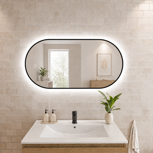 LOMAZOO badkamerspiegel Tanger - draaibaar - met LED verlichting & spiegelverwarming - ovaal - zwart - 100 x 50 cm