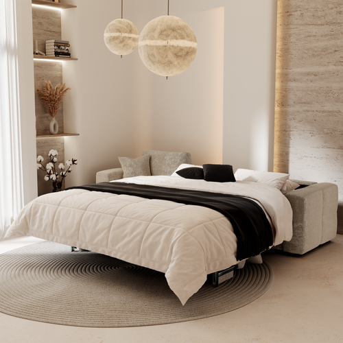 Premium Interiors - Linkerhoekbank met snelle uitklapfunctie VIBE - gewaafd fluweel beige 286cm