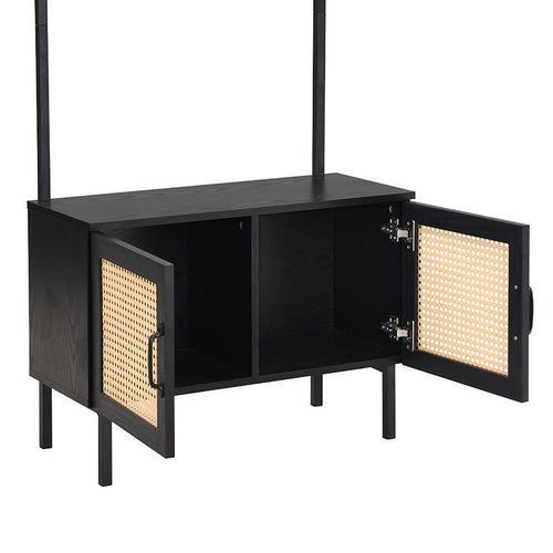 Furnilux Kapstok Ambon – Met Opbergkast & Haken – Zwart met Rattan – 70x32x175 cm – Industriële Halmeubel