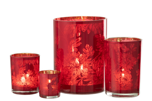 J-Line windlicht Bloemen - glas - rood - extra large