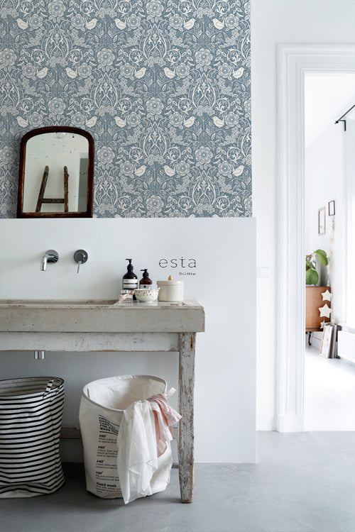 ESTAhome behang bloemen en vogels in art nouveau stijl vergrijsd blauw - 53 cm x 10.05 m - 139477
