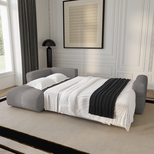 Premium Interiors - Linkshoekbank met slaapfunctie en opbergruimte VIBE - bouclé-stof lichtgrijs 286cm