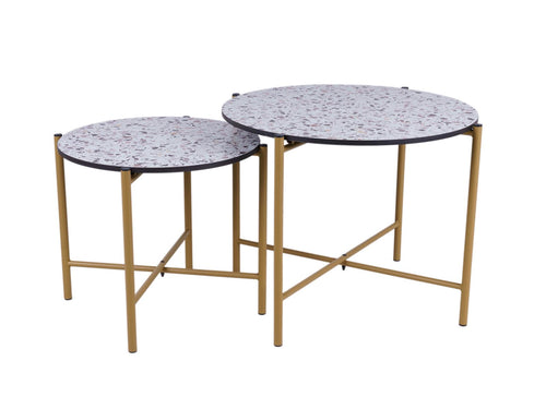 MaximaVida salontafel set Lucca 62 en 49 cm kruisframe champagne goud  - HPL terrazzo look - vtwonen shop